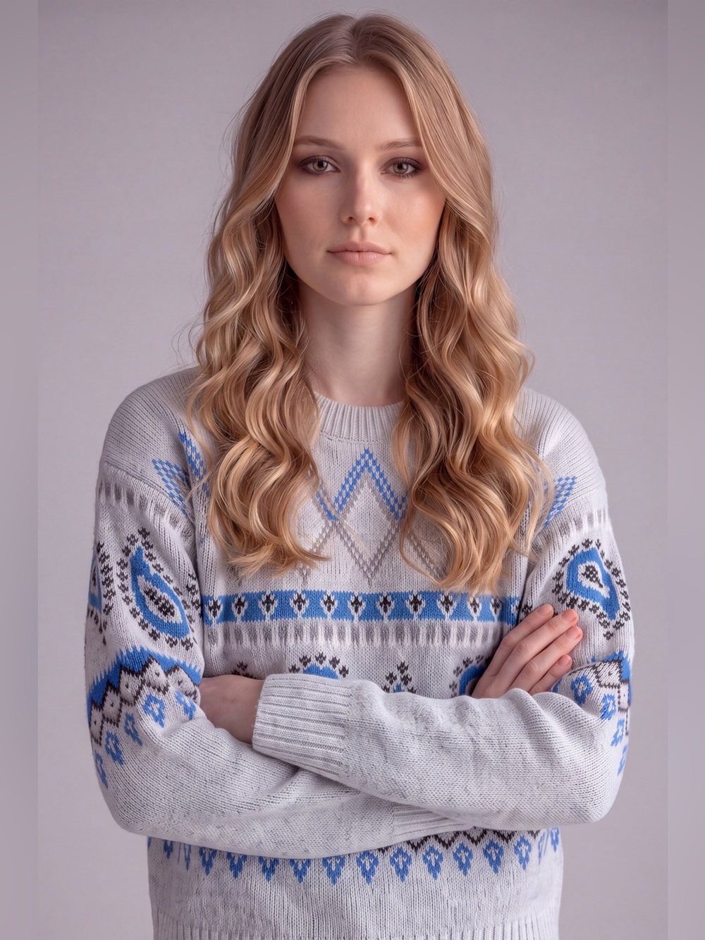 Lucky Brand Cropped Gray Crewneck Sweater with Blue Paisley & Diamond Motif. Sm